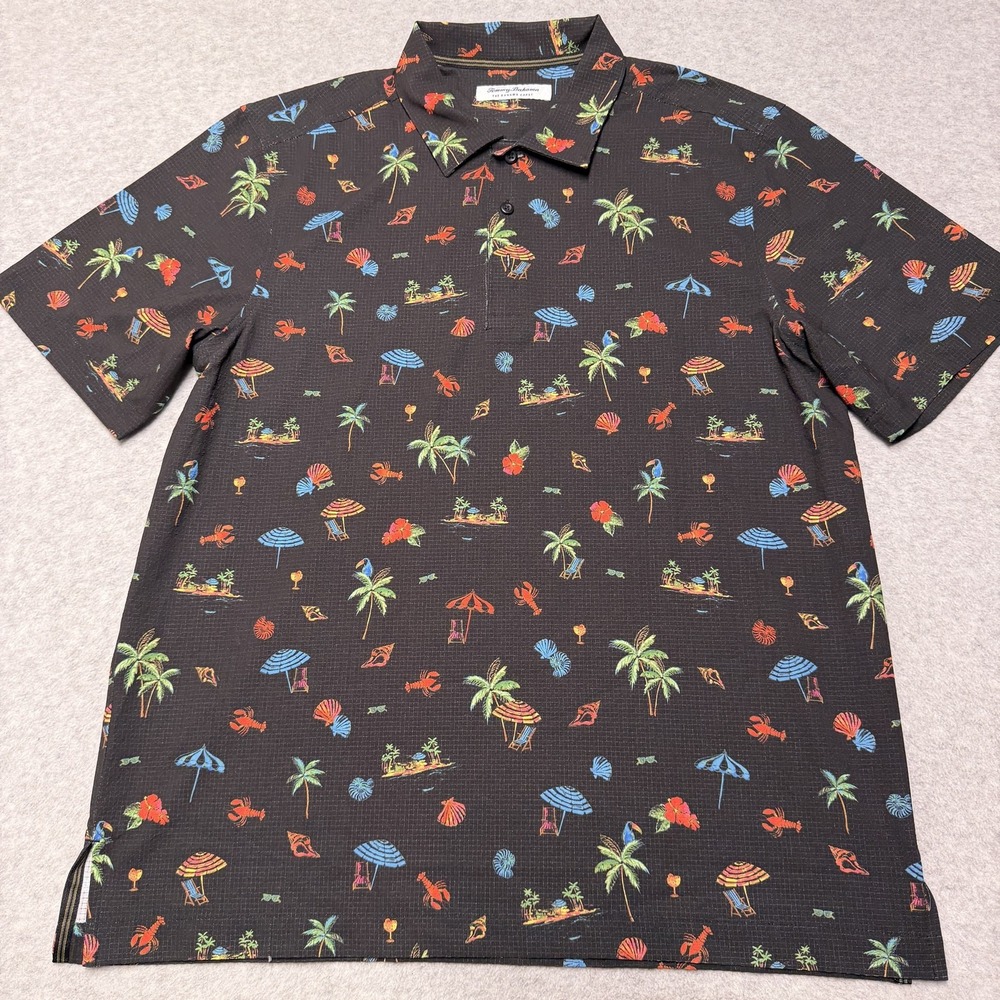 Tommy Bahama Bahama Coast Polo Shirt Mens Medium Black Tropical Print Stretch